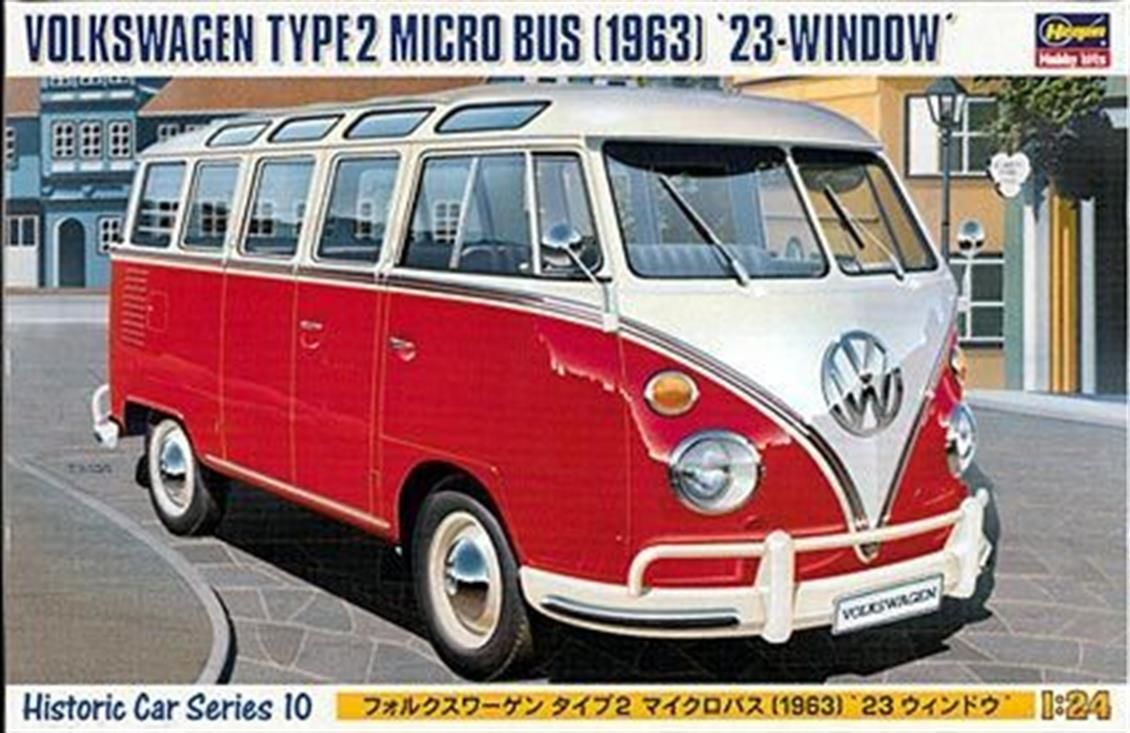 Hasegawa HC10 21210 1/24 Ölçek Volkswagen Type 2 Micro Bus (1963) 23-Window Minibüs Plastik Model Kiti