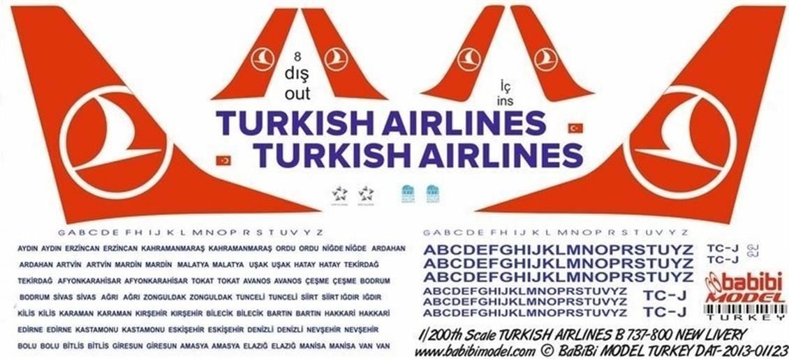 Babibi DAT01123 1/200 Thy, Boeing 737-800, Yeni Şema, Dekal Çıkartma