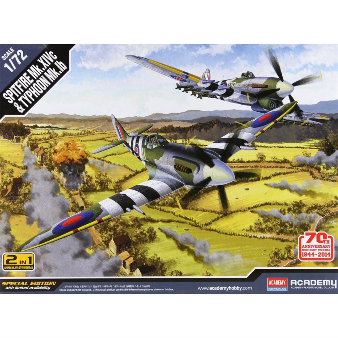 Academy 12512 1/72 Spitfire Mk.14C & Typhoon Mk.IB Savaş Uçağı Demonte Plastik Maketi