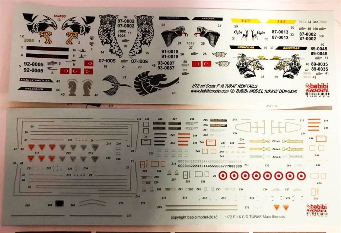 Babibi DDT01018 1/72 F-16, Stencil 30-40-50-50M-50+ New, Dekal Çıkartma