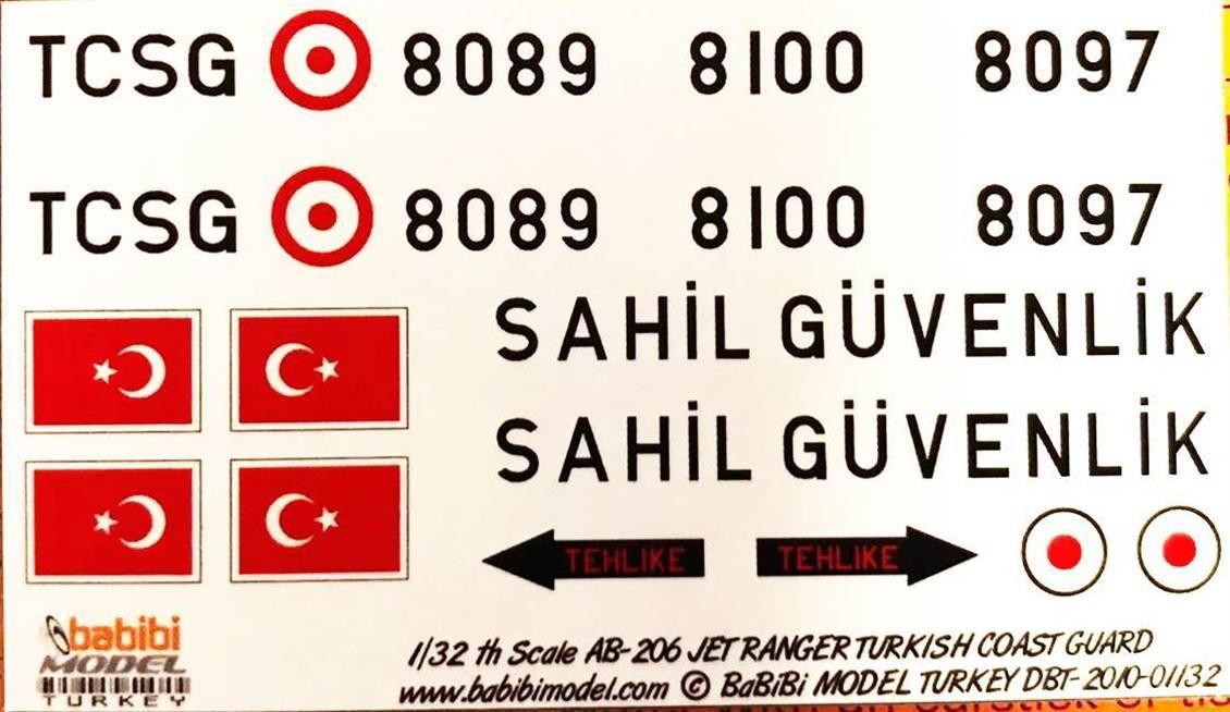 Babibi DBT01132 1/32 Türk Sahil Güvenliği, AB-206, Dekal Çıkartma
