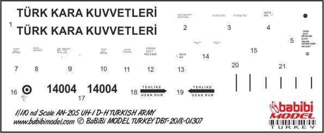 Babibi DBT01307 1/110 AN-205 ve UH-1, D-H Turkish Army, Dekal Çıkartma