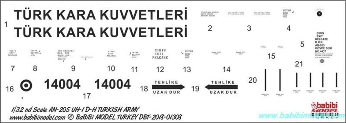 Babibi DBT01308 1/32 UH-1, Kara Kuvvetleri, Dekal Çıkartma