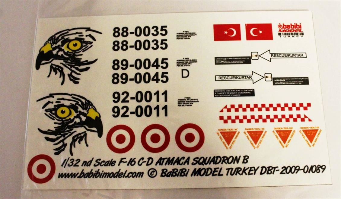 Babibi DBT01089 1/32 Turaf F-16 C/D, 182.Atmaca Filo, Dekal Çıkartma