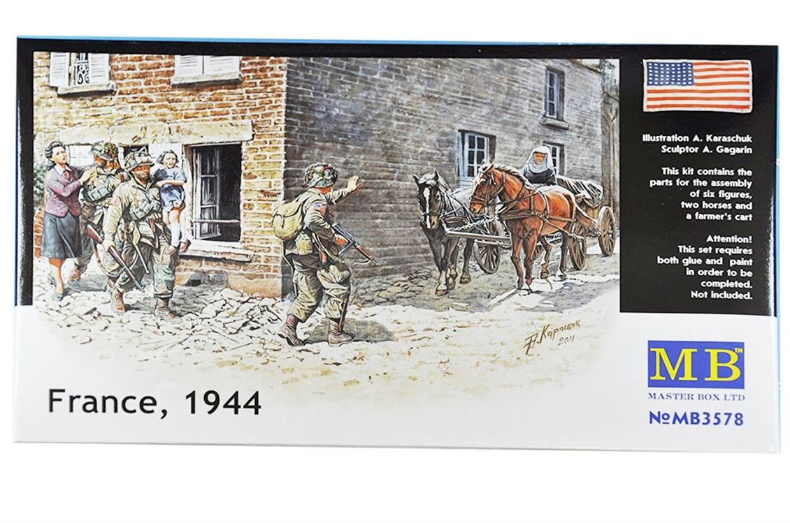 Masterbox 3578 Kit Modello In Plastica 1/35 - Francia 1944 Con Figure, Cavalli E Carro