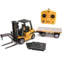 HUİNA 1576 1/10 ÖLÇEK, FORKLİFT VE RÖMORKU, METAL ÇATALLI VE APARATLI, 8 KANAL UZAKTAN KUMANDALI İŞ MAKİNASI
