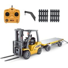 HUİNA 1576 1/10 ÖLÇEK, FORKLİFT VE RÖMORKU, METAL ÇATALLI VE APARATLI, 8 KANAL UZAKTAN KUMANDALI İŞ MAKİNASI